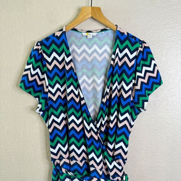 Boden Summer Wrap Dress Womens Size 12 Multicolor Chevron Print Stretch Jersey - Picture 3 of 11
